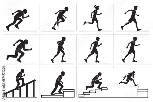 Illustrations of various running and climbing actions isolated on white background, Vector