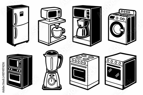 Collection of essential kitchen appliances isolated on white background, Vector