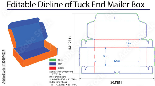Editable Dieline of Tuck End Mailer Box with Dimensions and Color Codes