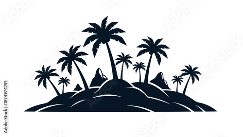 Tropical Island Silhouette with Palm Trees and Mountains