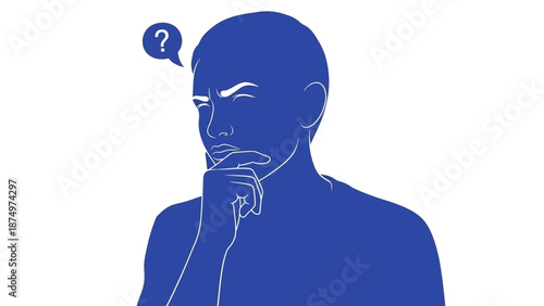 Man thinking with question mark speech bubble, blue silhouette