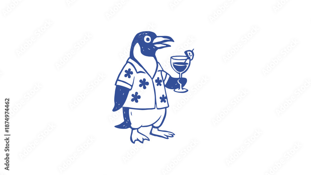 Obraz premium A cartoon penguin wearing a Hawaiian shirt and holding a cocktail