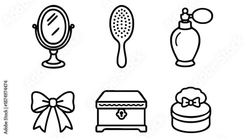 A set of black and white line drawings of beauty and makeup products