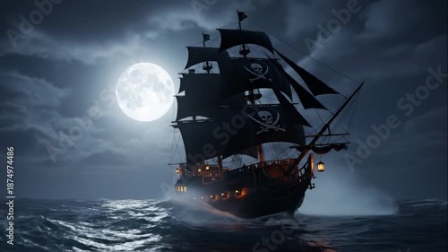 Mysterious Pirate Ship Sailing by Full Moon on Rough Ocean Waves