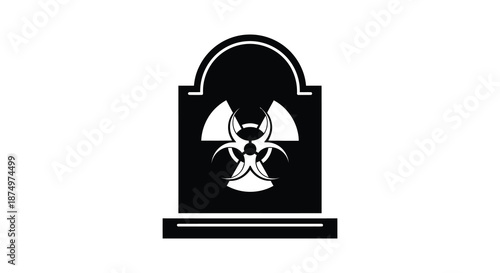 A stark black tombstone design featuring a biohazard symbol a chilling representation silhouette