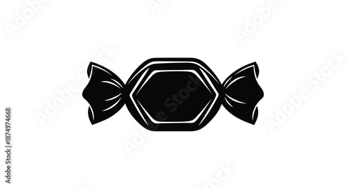 A striking black and white illustration of a wrapped candy showcasing a bold silhouette