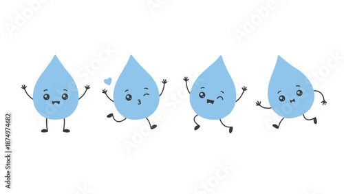 Four cheerful cartoon water drops with happy faces and raised arms, dancing and celebrating