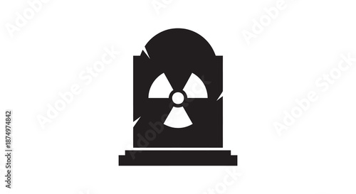 a stark black and white image depicting a tombstone with a radioactive symbol a haunting silhouette