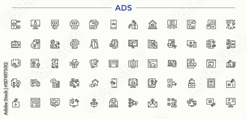 Ads vector line icon set. Featuring market, marketing, campaign and more. Advertising icon set. Vector outline icons collection. Editable stroke. Vector collection.