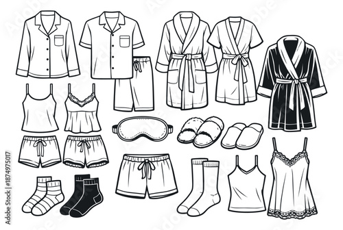 Hand drawn line art sleepwear and loungewear set featuring pajamas, robes, slippers, socks, and a sleep mask for comfort and relaxation