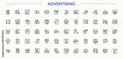 Set of Advertising line icon. It contains symbols to market, business, mobile, promotion, online marketing, marketing and more. Minimal icons set. Online Marketing icon collection. Editable stroke.
