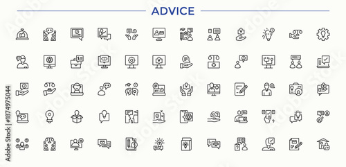 Advice modern icon set. Outline symbol collection. Editable stroke. Pixel Perfect. Expert icon pack. Contain linear symbols leadership, leader, lead, man, train, counselor and more.