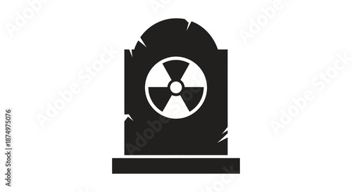a stark depiction of a tombstone adorned with a radioactive symbol a haunting silhouette