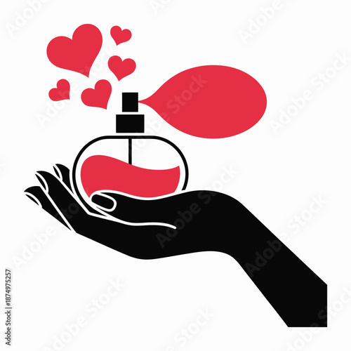 A stylized illustration of a hand holding perfume with hearts floating upwards representing love and fragrance