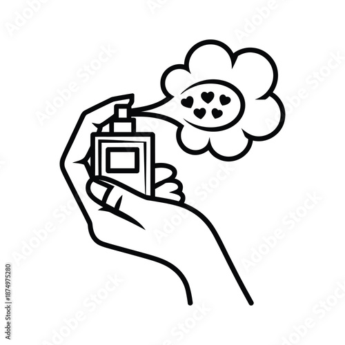 A hand spraying perfume from a bottle toward a flower with heart shaped scent trails