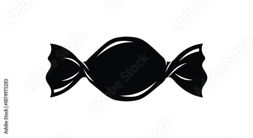 A strikingly simple black and white image of a wrapped candy a bold silhouette