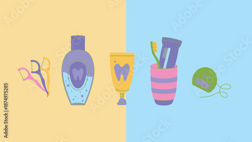 A colorful illustration of various dental hygiene products and tools.