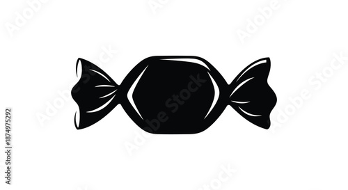 A striking black and white illustration of a wrapped candy showcasing a bold silhouette