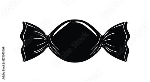 A striking black and white illustration of a wrapped candy showcasing a bold silhouette