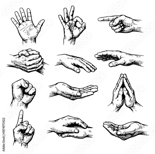 Hand drawn line art hand gestures set featuring various communication and emotional expressions for human interaction