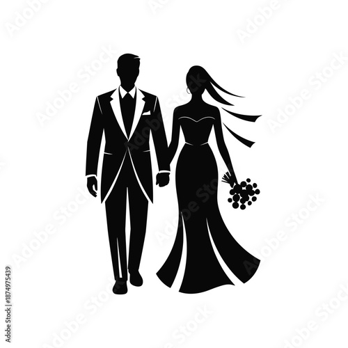 A striking black silhouette depicts a formally dressed couple walking hand in hand symbolizing love and commitment