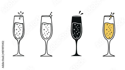 A set of champagne glasses in different styles and colors illustration