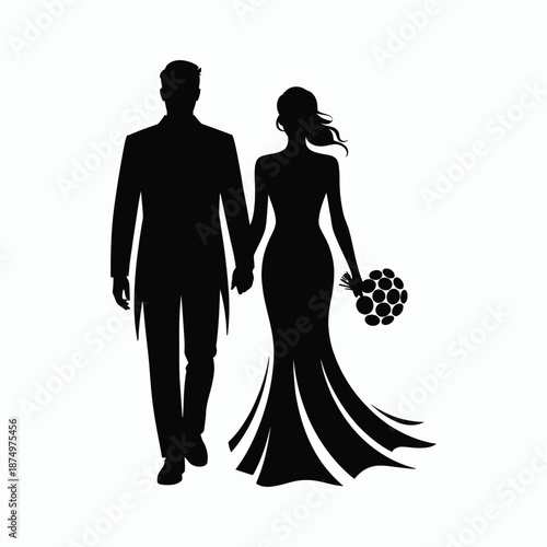 A silhouetted depiction of a newlywed couple holding hands the bride holding a bouquet