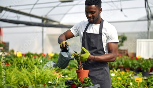 Gardener tending plants in a greenhouse, watering from a green watering can