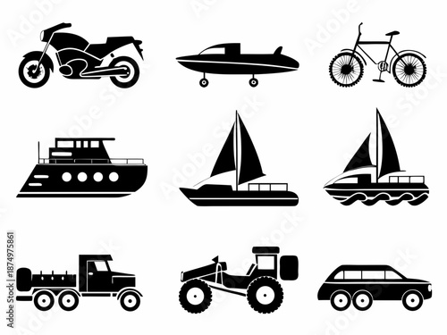 collection of various vehicles on land and sea