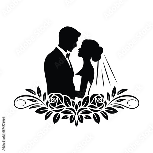 A romantic black silhouette depicts a newlywed couple embracing beneath floral ornamentation high quality