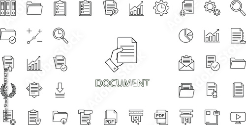Business document management icons set, hand holding paper, office workflow vector illustration