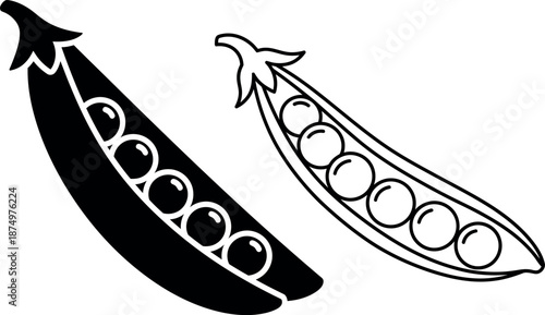 Green peas in pod icon set with silhouette