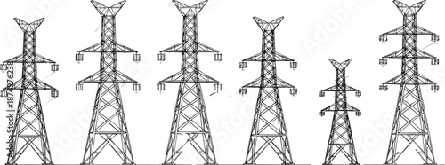 Electric transmission towers illustration, power grid lines, high voltage infrastructure, energy network vector