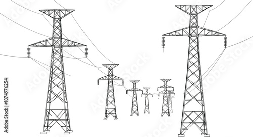 Electric transmission towers illustration, power grid lines, high voltage pylons, energy infrastructure vector