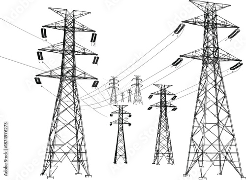 Electric transmission towers vector, power grid lines, high voltage pylons, energy infrastructure illustration