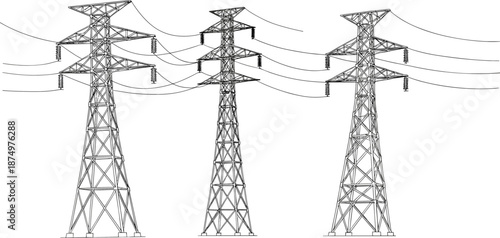 Electric transmission towers vector, power grid lines, high voltage pylons, energy infrastructure illustration