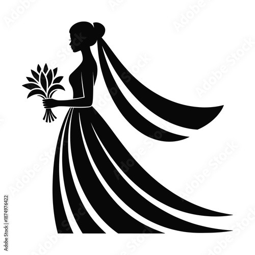 Elegant silhouette of a bride holding a bouquet adorned with a flowing veil and gown