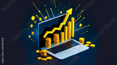 3D illustration of a laptop displaying a rising financial chart with stacked gold coins, an upward arrow. Cryptocurrency growth, Bitcoin trading, online investment, fintech analytics, market profit