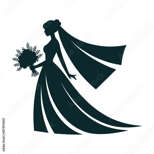 Elegant black silhouette of a bride holding a bouquet wearing a flowing wedding gown and veil