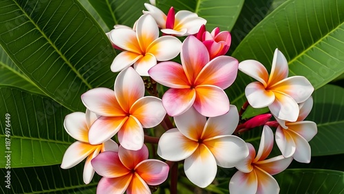 Beautiful pink and white plumeria flowers with green leaves, tropical bloom close-up.