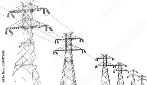High voltage transmission towers illustration, power grid lines, electricity pylons, energy infrastructure vector