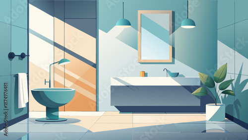 A bathroom with a large mirror and a potted plant. The room is bright and clean, with a blue color scheme