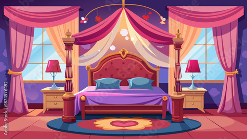 A bedroom with a pink bed and pink curtains. The bed is covered with a purple blanket and pillows. There is a pink and white canopy over the bed. A lamp is on the nightstand next to the bed