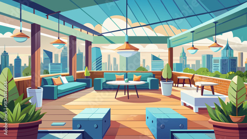 A large open space with a view of the city. The space is filled with furniture and plants