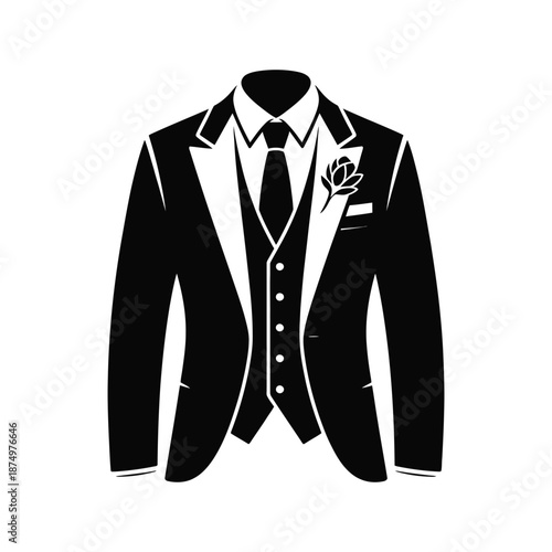 A classic black suit with a vest tie and a single rose displayed elegantly