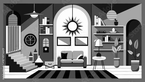 A black and white drawing of a living room with a couch, a potted plant, a clock, and a sun lamp