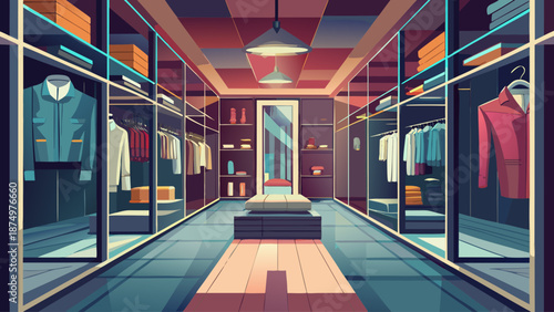 A cartoonish drawing of a walk-in closet with a mirror and a bench. The closet is filled with clothes and accessories, including a few bottles and a bowl. Scene is casual and relaxed