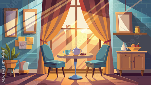 A blue chair is sitting at a table with a cup and a cookie. The table is in front of a window with curtains
