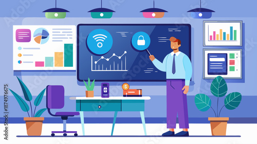 A man is standing in front of a whiteboard with a blue lock on it. He is pointing to the lock and talking about it. The room is decorated with plants and has a modern, professional feel