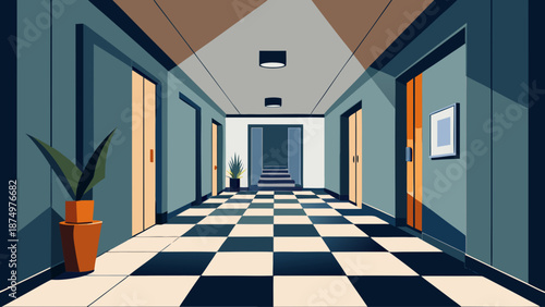 A long hallway with a plant in a vase and a picture on the wall. The hallway is empty and the plant is the only thing that adds some life to the space